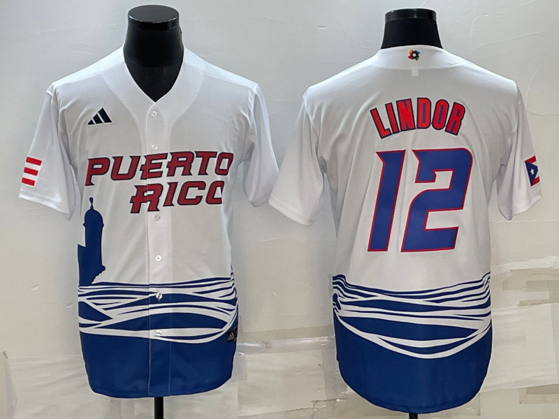 Men's Puerto Rico Baseball #12 Francisco Lindor 2023 White World Baseball Classic Stitched Jersey